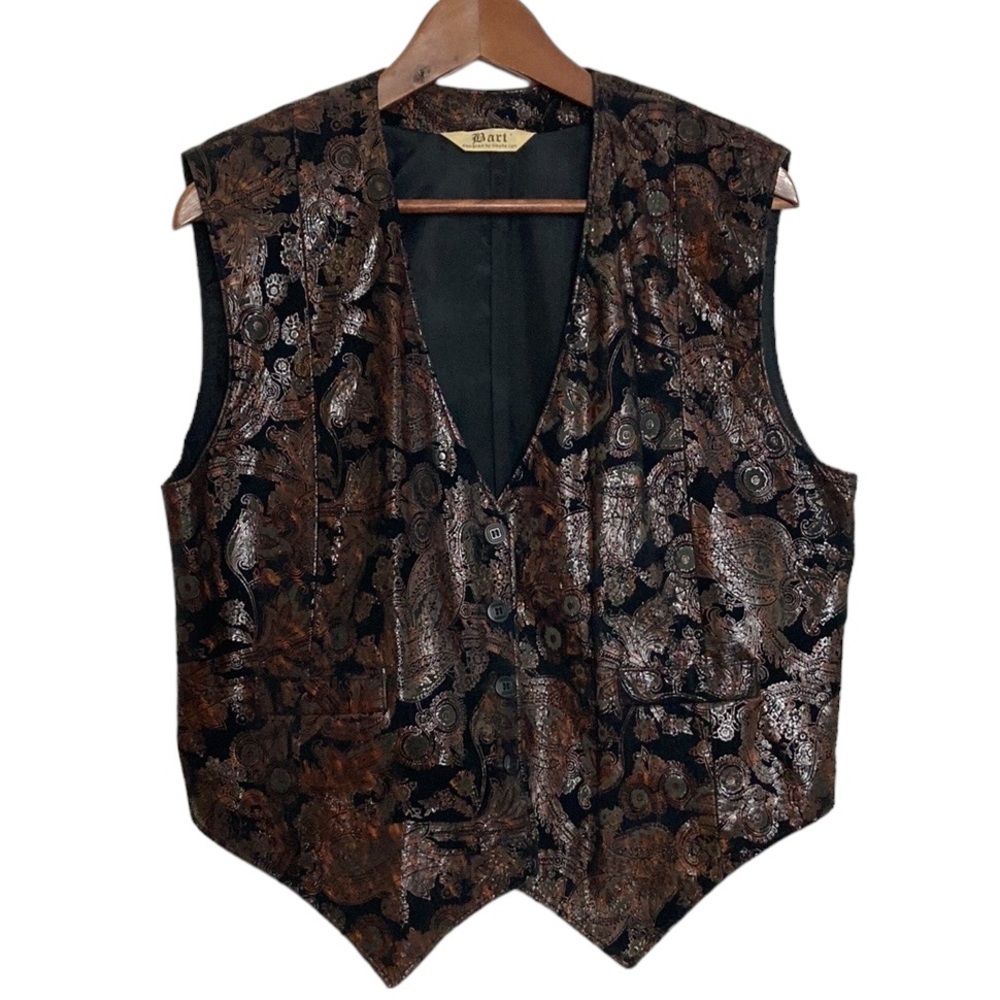Vintage Vest Womens 10 Black Velour Red Faux Leather Paisley Goth 90s Waistcoat